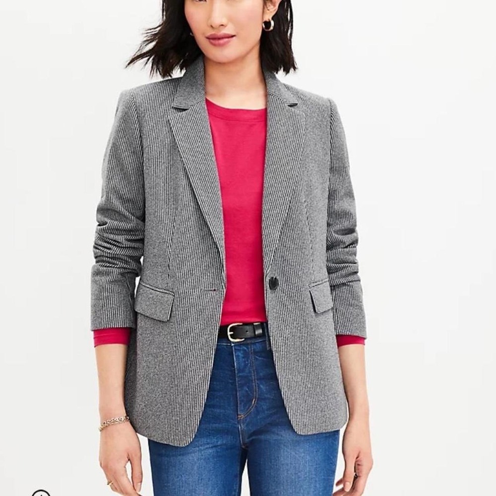 Loft Women Black White Houndstooth Blazer Elbow Patches Academic Jacket Size 8